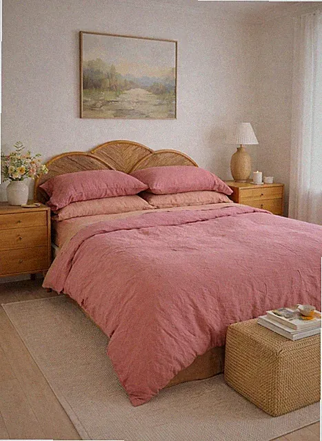 100% Organic French Linen Queen 4 PCS Sheet Set Pink Clay Deep Pocket Fit