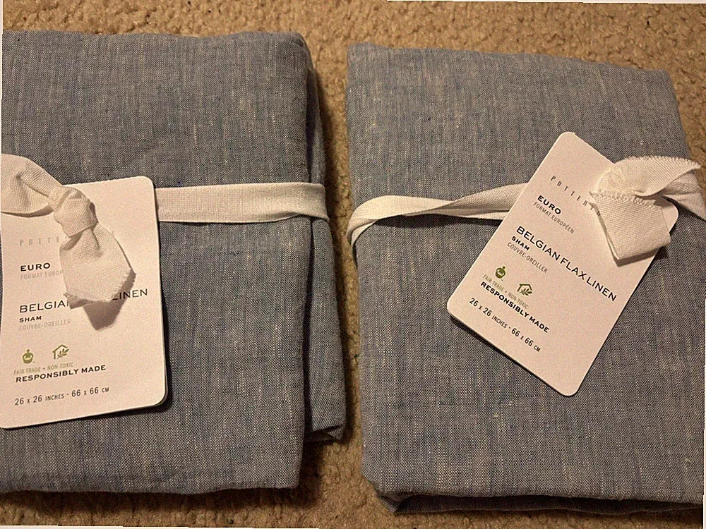 2 POTTERY BARN Belgian Flax Linen Shams EURO Size Potterybarn Chambray gray