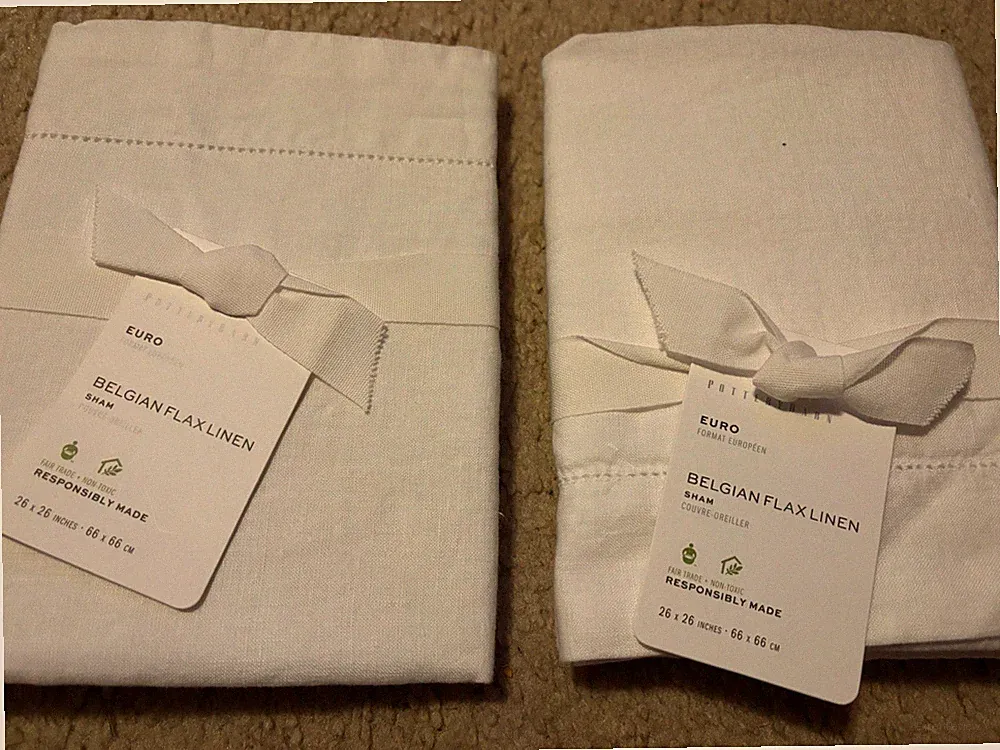 2 POTTERY BARN Belgian Flax Linen Shams EURO Size Potterybarn Sham white NEW