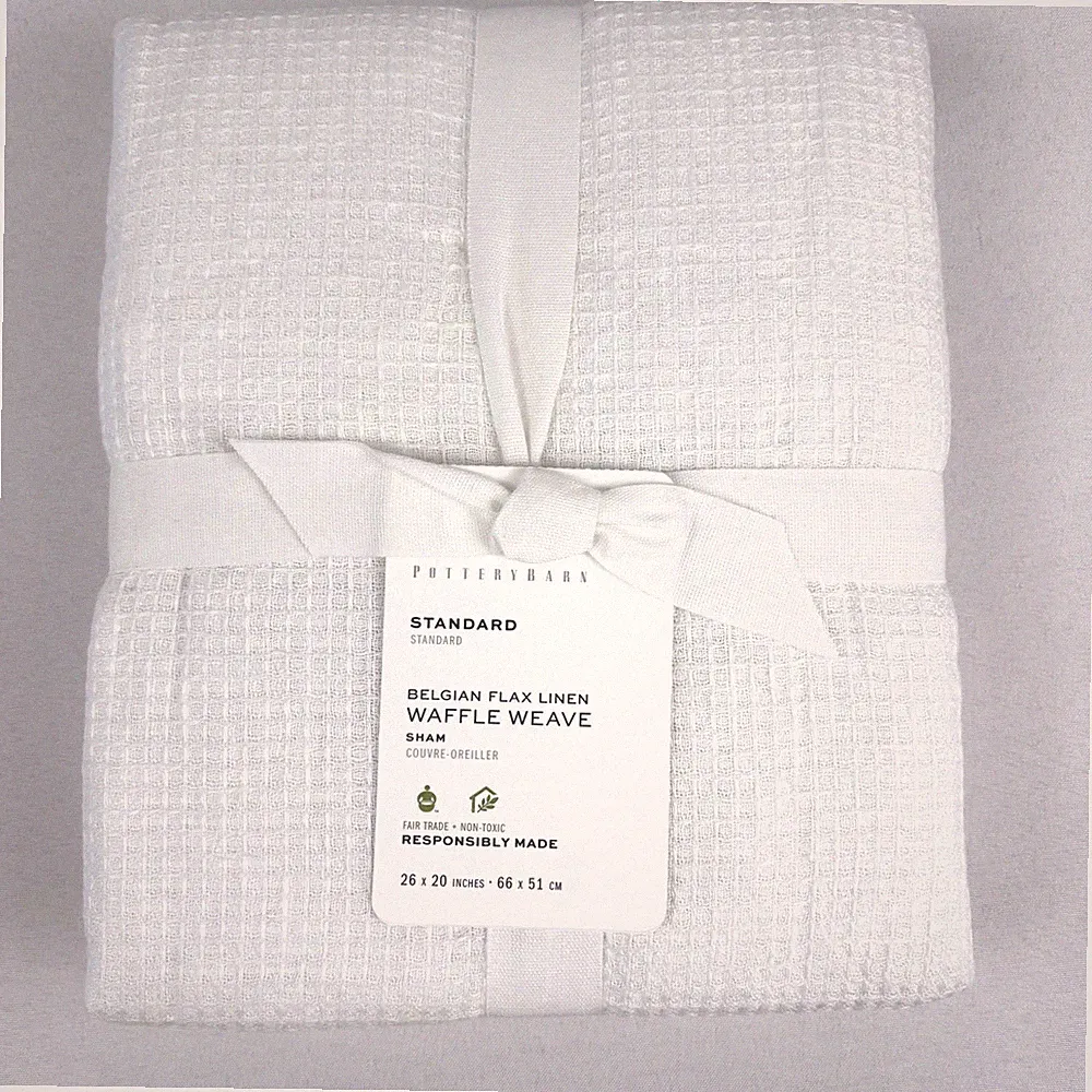 2 Pottery Barn Belgian Flax Linen Waffle Weave STANDARD Pillow Shams White