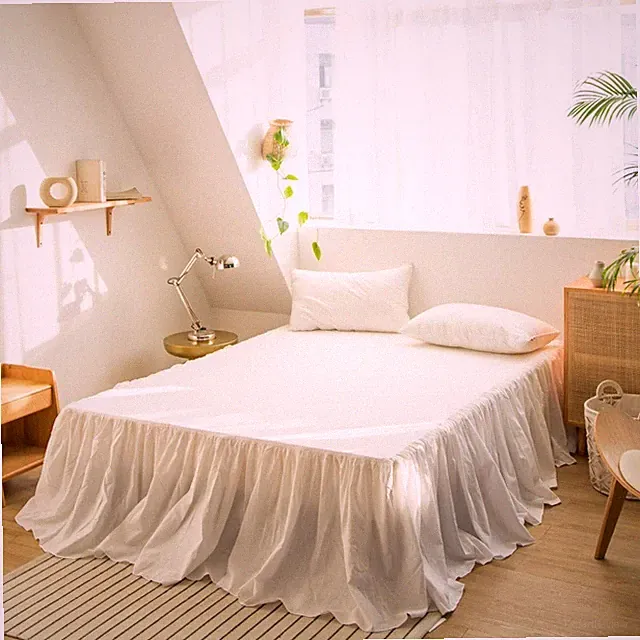 BISELINA French Linen Bed Skirt with Pleated Frills 18" Queen, Ruffle White