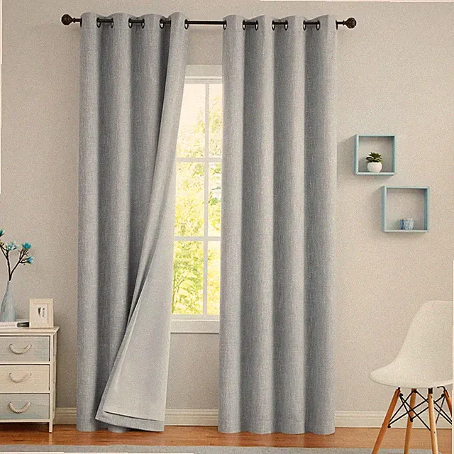 Blue Solid Full Blackout Curtain Heavy Linen Texture Window Treatment for Bed...