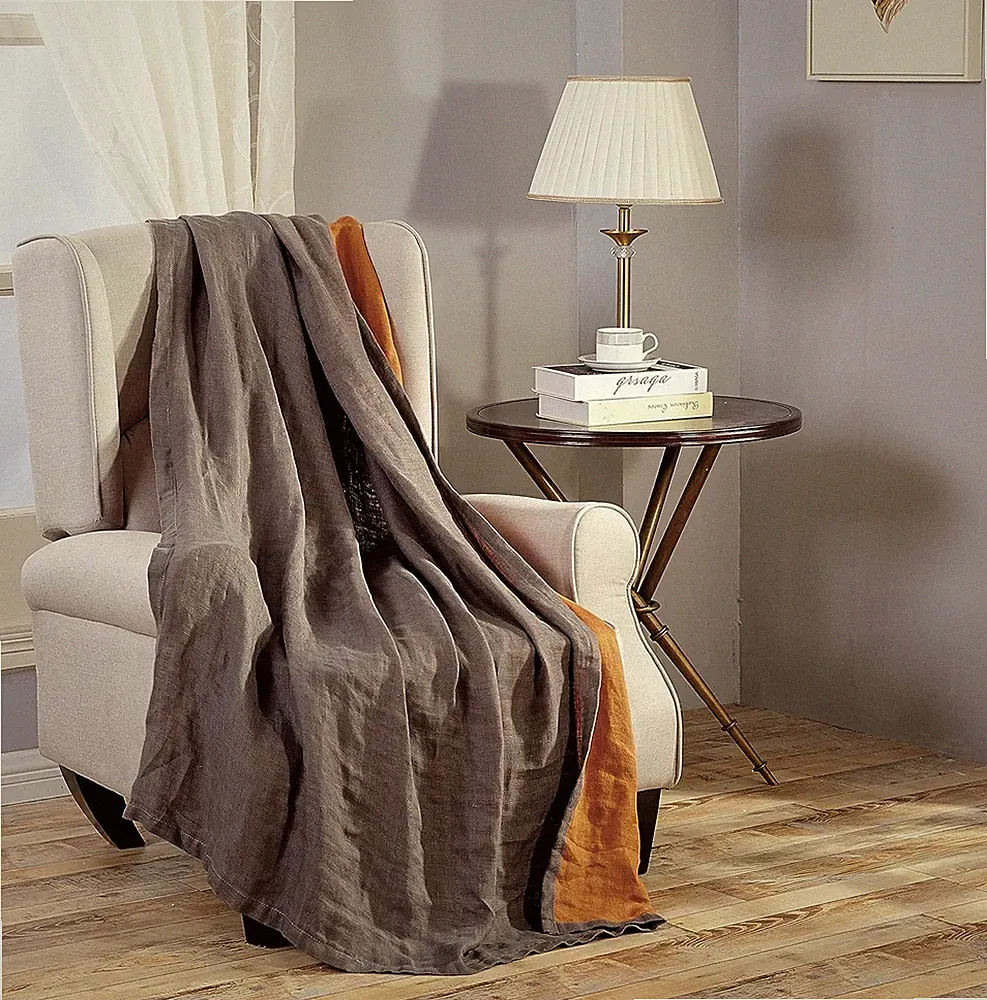 Cozy Super Soft Belgian Flax Linen Throw Blanket 50" x 70" - Gray/Orange