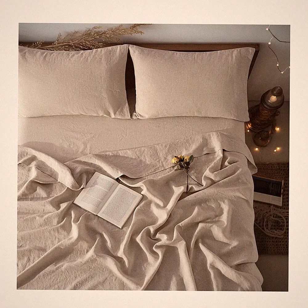 LBR02M 100% Linen Sheet Set King Size,Bed Sheets 4 Piece Sets, Solid Color Na...