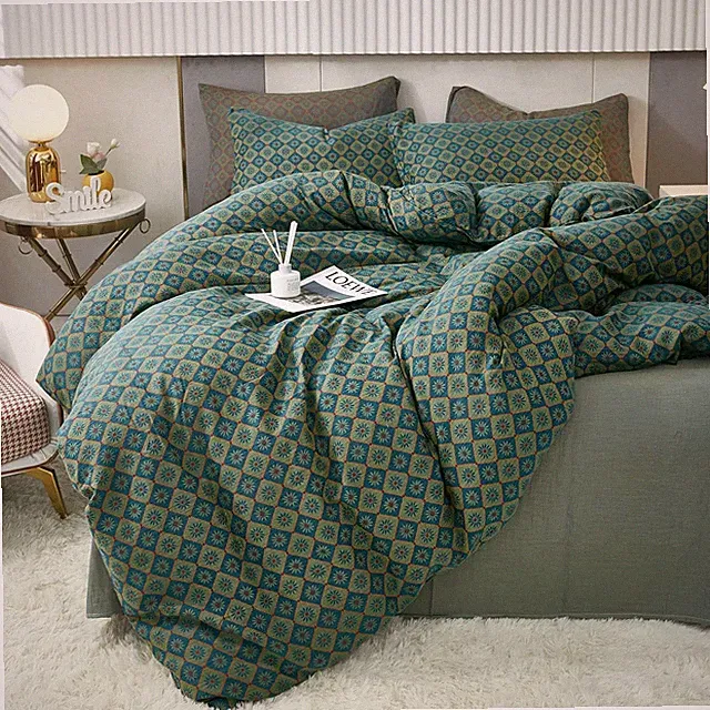 Linen Cotton Duvet Cover Queen,3 Pcs Yarn-Dyed Textured Duvet Cover Set Green Fl