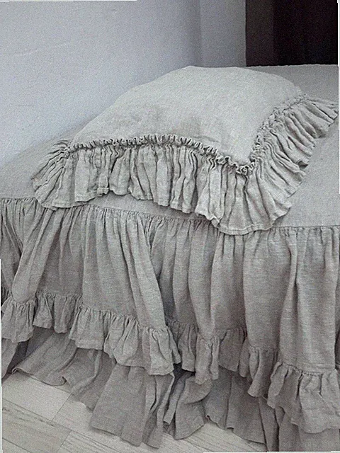 Linen Pillow sham double ruffle around buttons closure natural linen bedding