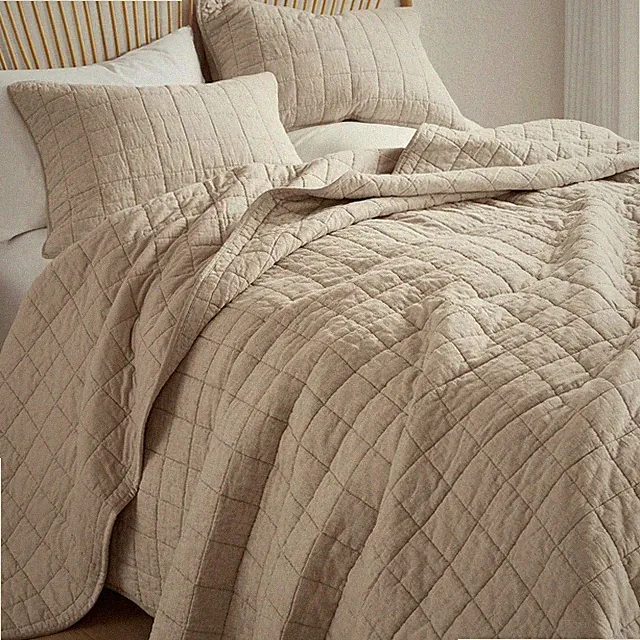 Linen Quilt Set Queen Size - Breathable Box Stitched European Flax Bedding Se...