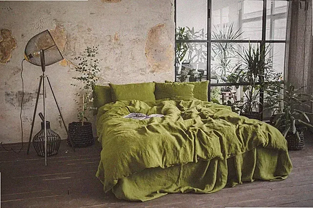Moss Green Linen BeddingSet Duvet Cover & 2 Pillowcases set King Queen Full Size