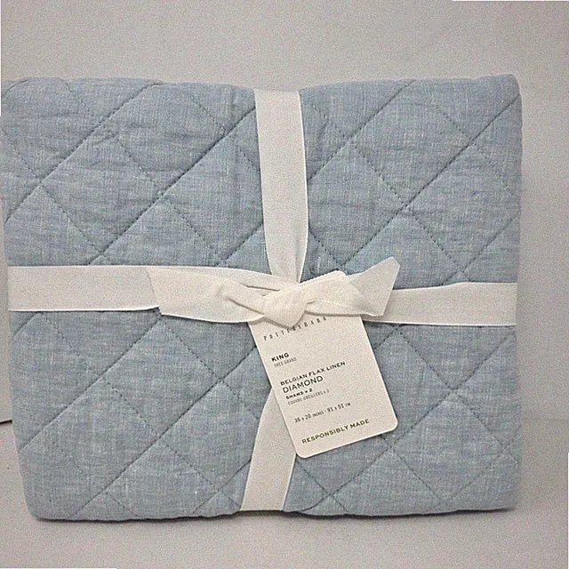 Pottery Barn Belgian Flax Linen Diamond KING Shams Sea Breeze set of 2