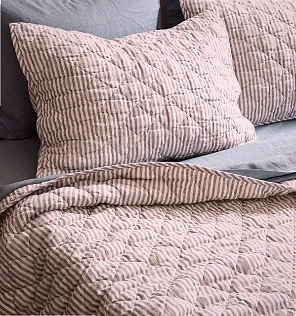 Quince European Linen Box Quilt Set Grey White Stripe King Cal King NWOT OPENbox