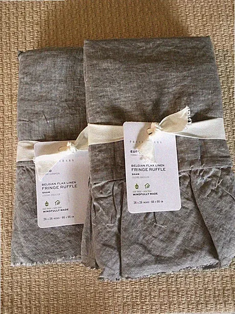 Set/2 Pottery Barn Belgian Flax Linen Fringe Ruffle Euro Shams Flagstone