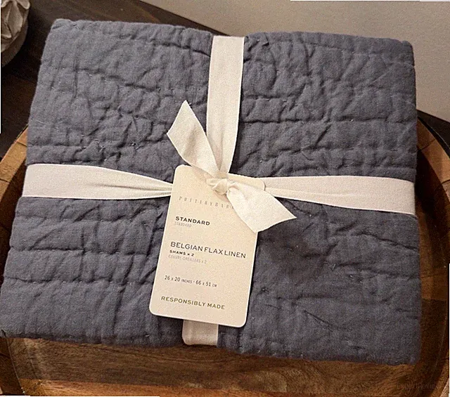 Set/2 Pottery Barn Belgian Flax Linen STANDARD Hand Stitched Shams Steel Blue