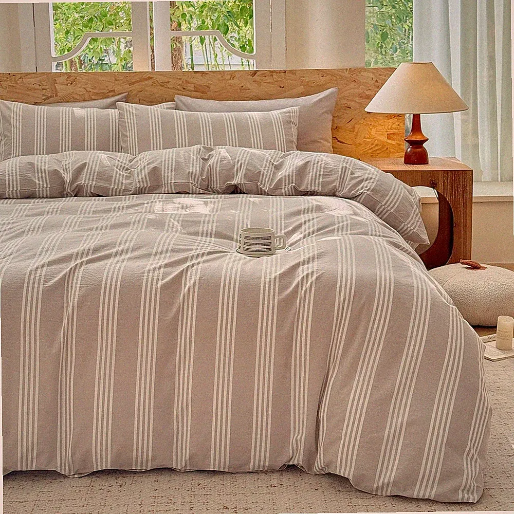 Striped Duvet Cover Set 100% Washed Cotton Linen Like Super Soft Chic Bedding...