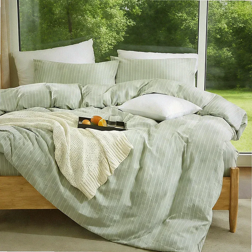 Striped Duvet Cover Set Queen Size Chic Linen Like Textured Bedding Set 100%...