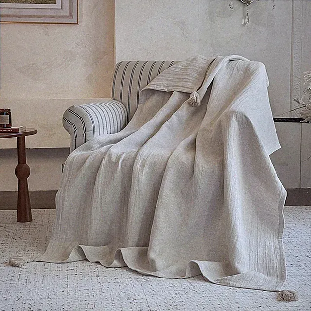 Super Soft Linen Cotton Throw Blanket with Tassels for Couch & Bed 90"x90