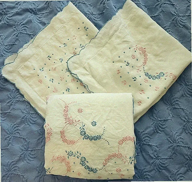 Vintage Heirloom Linen Coverlet Bedspread Set Embroidered Blue Pink 2 Shams
