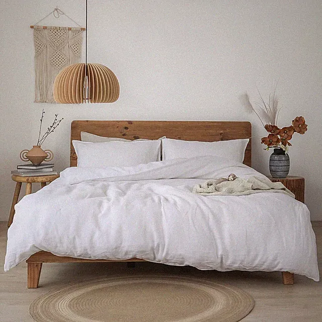 White Linen Duvet Cover Set Modern Solid Color with 2 Pillowcases With Zipper.