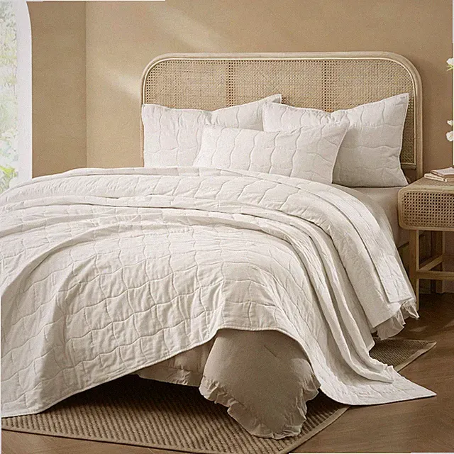 Wonderful Natural Linen Cotton Quilt - Wavy Box Stitched White King Quilt, 100%
